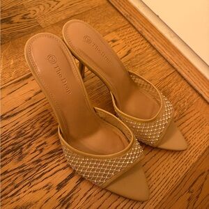Tan Heeled Mules with Mesh Sparkly Detail